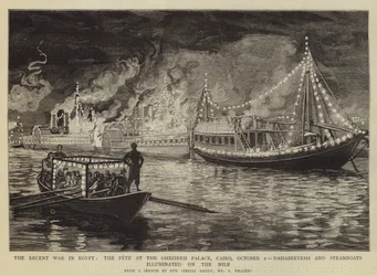 The Recent War in Egypt, the Fete at the Ghezireh Palace, Cairo, 2 October, Dahabeeyehs and Steamboats Illuminated on the Nile